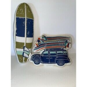 Set of 2 Pillowfort Decorative Pillows Blue Green Surfboard & Woody Surf Wagon